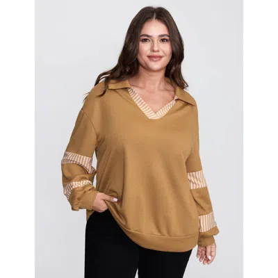 Bloomchic Women's Plus Size Color Stripe Collar Sweatshirt Bronze Casual 22-24/3x In Brown