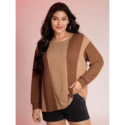 Bloomchic Women's Plus Size Color Stripe Relaxed Fit Round Neck Sweatshirt Yellowishbrown Casual 12/l