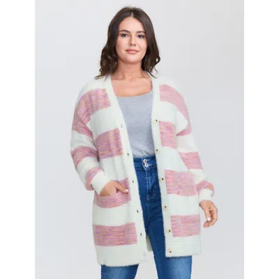 Bloomchic Women's Plus Size Color Stripes Furry Textured Knit Cardigan Lilac Long Sleeve 12/l In Purple