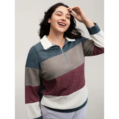 Bloomchic Women's Plus Size Color Stripes Half-zipper Sweatshirt Multicolor Casual 12/l