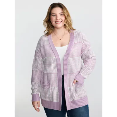 Bloomchic Women's Plus Size Color Stripes Pockets Textured Knit Cardigan Lilac Long Sleeve 10/m In Purple
