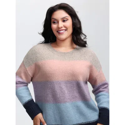 Bloomchic Women's Plus Size Color Stripes Round Neck Pullover Multicolor Long Sleeve 10/m