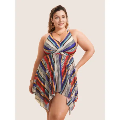 Bloomchic Women's Plus Size Color Stripes Twist Hanky Hem Swim Dress Multicolor Stripes Twist Adaptive-fit 10/