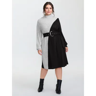 Bloomchic Women's Plus Size Colorblock Belted Ribbed Midi Dress Black Geometric Knee Office 30/6x