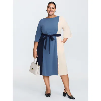 Bloomchic Women's Plus Size Colorblock Belted Round Neck Midi Dress Multicolor Color Block Midi Office Colorbl