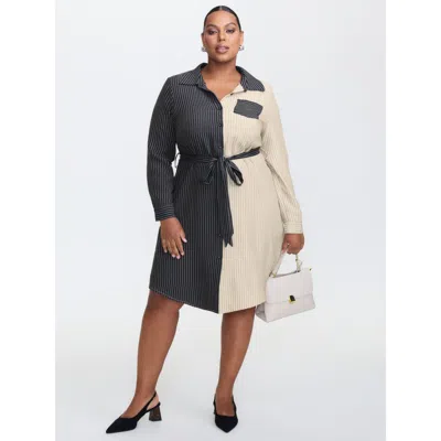 Bloomchic Women's Plus Size Colorblock Belted Waist Midi Shirt Dress Darkblue Stripes Knee Office 10/m In Blue