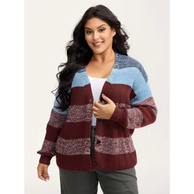 Bloomchic Women's Plus Size Colorblock Buttons V-neck Knit Cardigan Rust Long Sleeve 28/5x In Brown