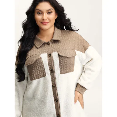 Bloomchic Women's Plus Size Colorblock Chest Pockets Button Coat Beige Texture H-line 18-20/2x In Sand