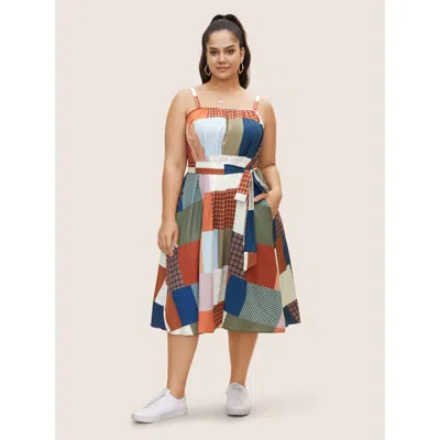 Bloomchic Women's Plus Size Colorblock Contrast Belted Midi Cami Dress Multicolor Geometric Midi Everyday Gath