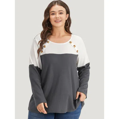 Bloomchic Women's Plus Size Colorblock Contrast Button Detail Crew Neck T-shirt Gray Dailywear Long Sleeve 10/