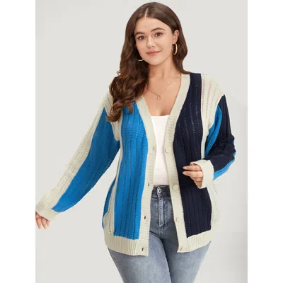 Bloomchic Women's Plus Size Colorblock Contrast Button Down Drop Shoulder Cardigan Blue Long Sleeve 14-16/1x