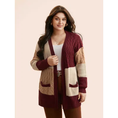Bloomchic Women's Plus Size Colorblock Contrast Cable Knit Pocket Cardigan Maroon Long Sleeve 12/l In Burgundy