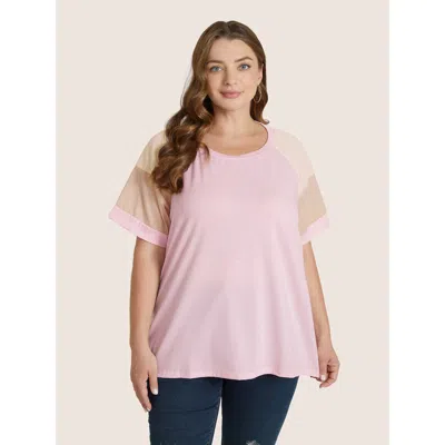 Bloomchic Women's Plus Size Colorblock Contrast Crew Neck Raglan Sleeve T-shirt Crepe Color Block Casual Short
