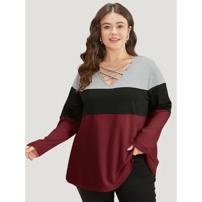 Bloomchic Women's Plus Size Colorblock Contrast Crisscross V Neck Sweatshirt Burgundy Plain Everyday 26/4x