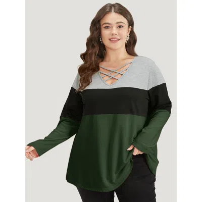 Bloomchic Women's Plus Size Colorblock Contrast Crisscross V Neck Sweatshirt Darkgreen Plain Everyday 10/m In Green