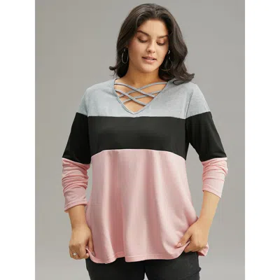 Bloomchic Women's Plus Size Colorblock Contrast Crisscross V Neck Sweatshirt Multicolor Plain Everyday 14-16/1