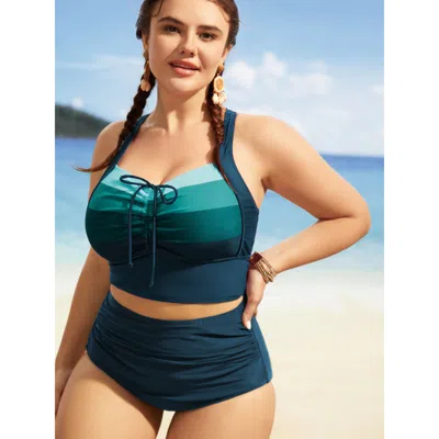 Bloomchic Women's Plus Size Colorblock Contrast Drawstring Gathered Swim Top Cyan Color Block Sleeveless Ruche In Blue