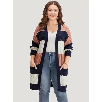 Bloomchic Women's Plus Size Colorblock Contrast Eyelet Open Front Cardigan Multicolor Long Sleeve 10/m