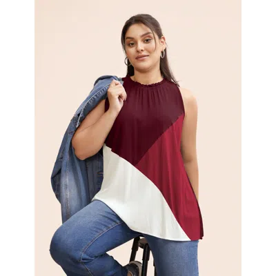 Bloomchic Women's Plus Size Colorblock Contrast Frill Trim Gathered Tank Top Burgundy Casual Straight Fit Roun