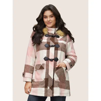 Bloomchic Women's Plus Size Colorblock Contrast Fuzzy Trim Duffle Button Coat Dustypink Lined 10/m In Pink