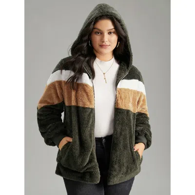 Bloomchic Women's Plus Size Colorblock Contrast Fuzzy Zipper Jacket Armygreen Elastic Cuffs 14-16/1x