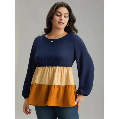 Bloomchic Women's Plus Size Colorblock Contrast Gathered Ruffle Layered Hem Blouse Multicolor Dailywear Long S