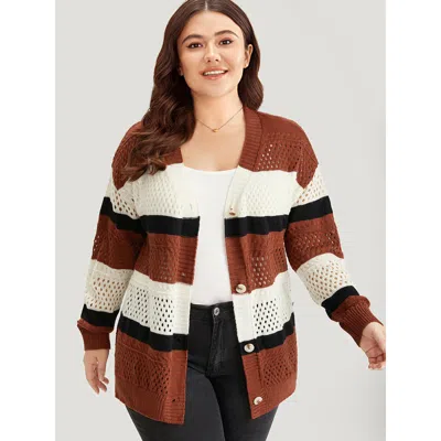 Bloomchic Women's Plus Size Colorblock Contrast Geo Eyelet Button Through Cardigan Rust Long Sleeve 14-16/1x In Brown