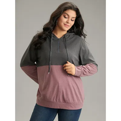 Bloomchic Women's Plus Size Colorblock Contrast Half Zip Hooded Sweatshirt Scarlet Plain Dailywear 10/m In Red