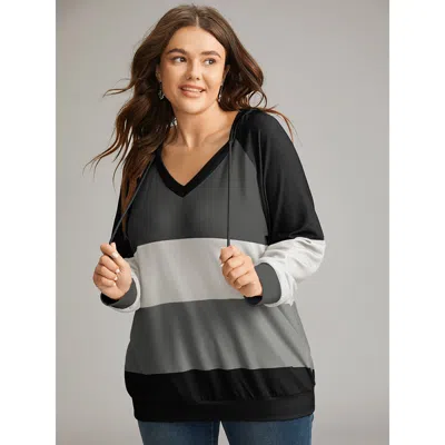 Bloomchic Women's Plus Size Colorblock Contrast Hooded Drawstring Sweatshirt Gray Colorblock Dailywear 12/l