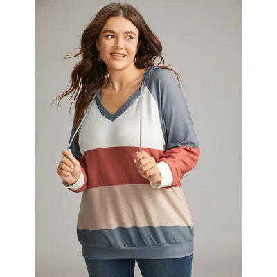 Bloomchic Women's Plus Size Colorblock Contrast Hooded Drawstring Sweatshirt Multicolor Colorblock Dailywear 1