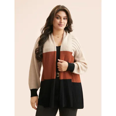 Bloomchic Women's Plus Size Colorblock Contrast Lapel Collar Texture Cardigan Apricot Long Sleeve 12/l In Orange