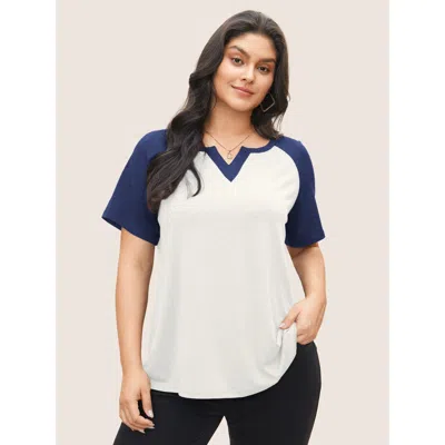 Bloomchic Women's Plus Size Colorblock Contrast Notched Raglan Sleeve T-shirt Beige Solid Casual Short Sleeve  In Sand