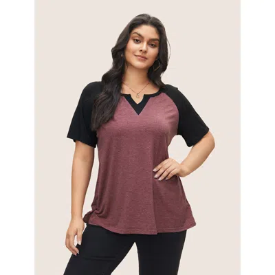 Bloomchic Women's Plus Size Colorblock Contrast Notched Raglan Sleeve T-shirt Burgundy Solid Casual Short Slee