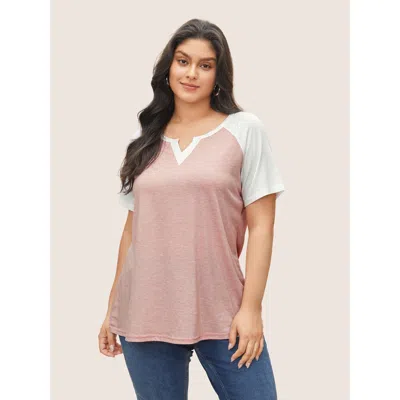 Bloomchic Women's Plus Size Colorblock Contrast Notched Raglan Sleeve T-shirt Crepe Solid Casual Short Sleeve 