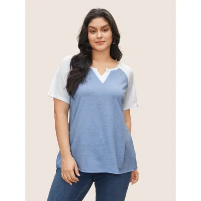 Bloomchic Women's Plus Size Colorblock Contrast Notched Raglan Sleeve T-shirt Lightblue Solid Casual Short Sle In Blue
