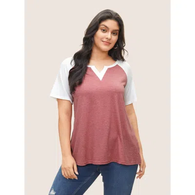 Bloomchic Women's Plus Size Colorblock Contrast Notched Raglan Sleeve T-shirt Russet Solid Casual Short Sleeve In Brown
