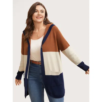 Bloomchic Women's Plus Size Colorblock Contrast Patched Pocket Hooded Cardigan Browncoffeecolor Long Sleeve Ho