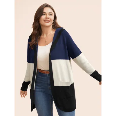 Bloomchic Women's Plus Size Colorblock Contrast Patched Pocket Hooded Cardigan Navy Long Sleeve Hooded Neck 10 In Blue