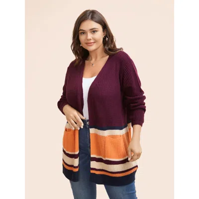Bloomchic Women's Plus Size Colorblock Contrast Patched Pocket Open Front Cardigan Plum Long Sleeve 10/m In Purple