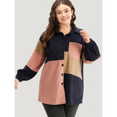 Bloomchic Women's Plus Size Colorblock Contrast Patchwork Pocket Button Through Jacket Darkblue 10/m In Blue