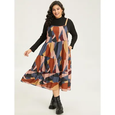 Bloomchic Women's Plus Size Colorblock Contrast Pocket Cami Ruffle Hem Dress Multicolor Dailywear Adjustable S