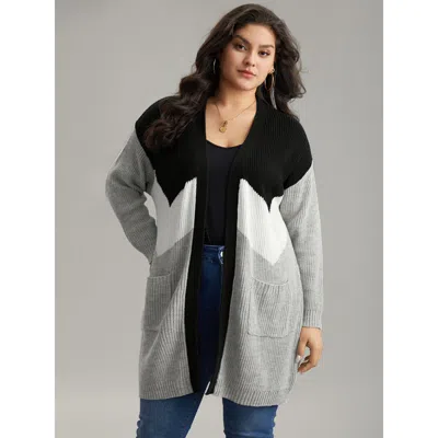 Bloomchic Women's Plus Size Colorblock Contrast Pocket Open Front Cardigan Darkgray Long Sleeve 18-20/2x In Gray