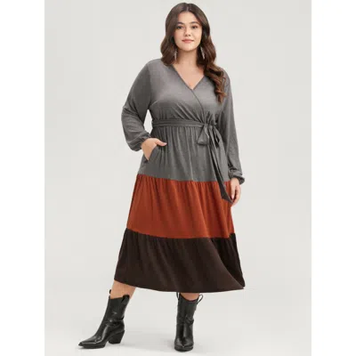Bloomchic Women's Plus Size Colorblock Contrast Pocket Wrap Belted Ruffle Tiered Dress Multicolor Solid Dailyw