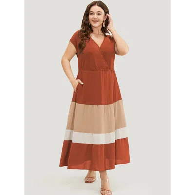 Bloomchic Women's Plus Size Colorblock Contrast Pocket Wrap Flutter Tiered Tank Dress Coral Color Block Maxi C In Orange