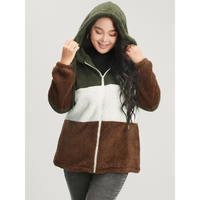 Bloomchic Women's Plus Size Colorblock Contrast Pocket Zip Up Coat Armygreen Colorblock 12/l