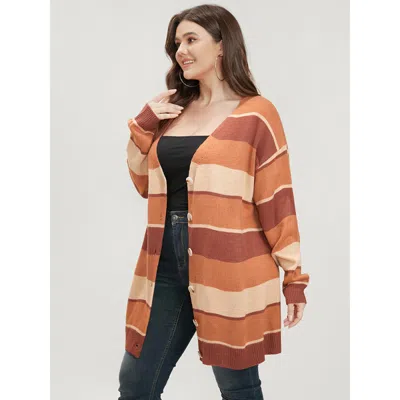 Bloomchic Women's Plus Size Colorblock Contrast Pointelle Knit Button Front Cardigan Bronze Long Sleeve 10/m In Brown