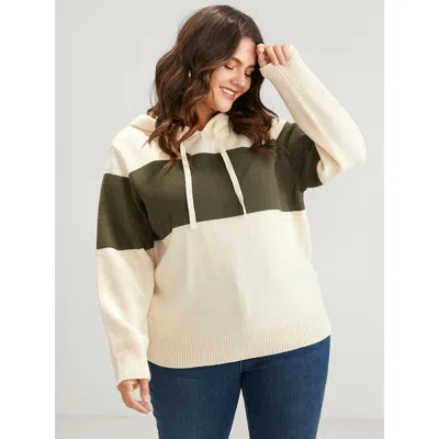 Bloomchic Women's Plus Size Colorblock Contrast Pointelle Knit Drawstring Hooded Knit Top Apricot Colorblock L In Orange