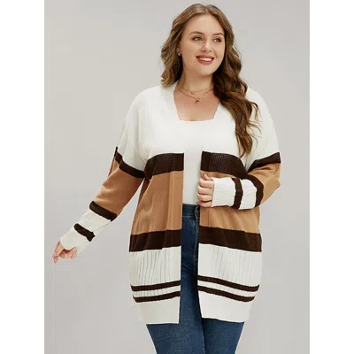 Bloomchic Women's Plus Size Colorblock Contrast Pointelle Knit Eyelet Open Front Cardigan Multicolor Long Slee