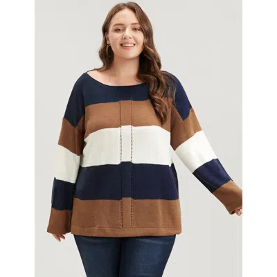 Bloomchic Women's Plus Size Colorblock Contrast Pointelle Knit Eyelet Split Hem Knit Top Midnight Colorblock L In Blue