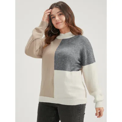 Bloomchic Women's Plus Size Colorblock Contrast Pointelle Knit Heather Mock Neck Knit Top Multicolor Colorbloc